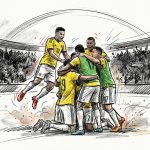 Colombia soccer players in yellow celebrate a goal with a group hug as one player jumps in the air and crowds cheer in the background.