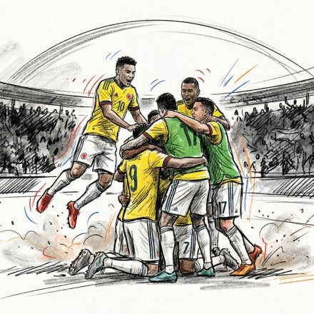 Colombia soccer players in yellow celebrate a goal with a group hug as one player jumps in the air and crowds cheer in the background.