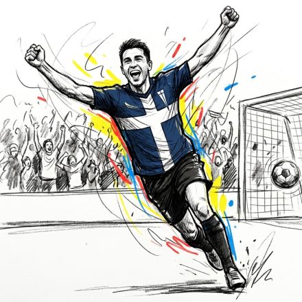 Soccer player in a blue jersey with a white cross celebrates a goal, arms raised as he runs past the goal with fans cheering in the background.