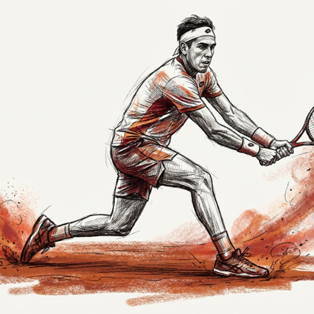 Tennis player in action on a clay court, swinging a racket and kicking up red dust as he reaches for the ball.