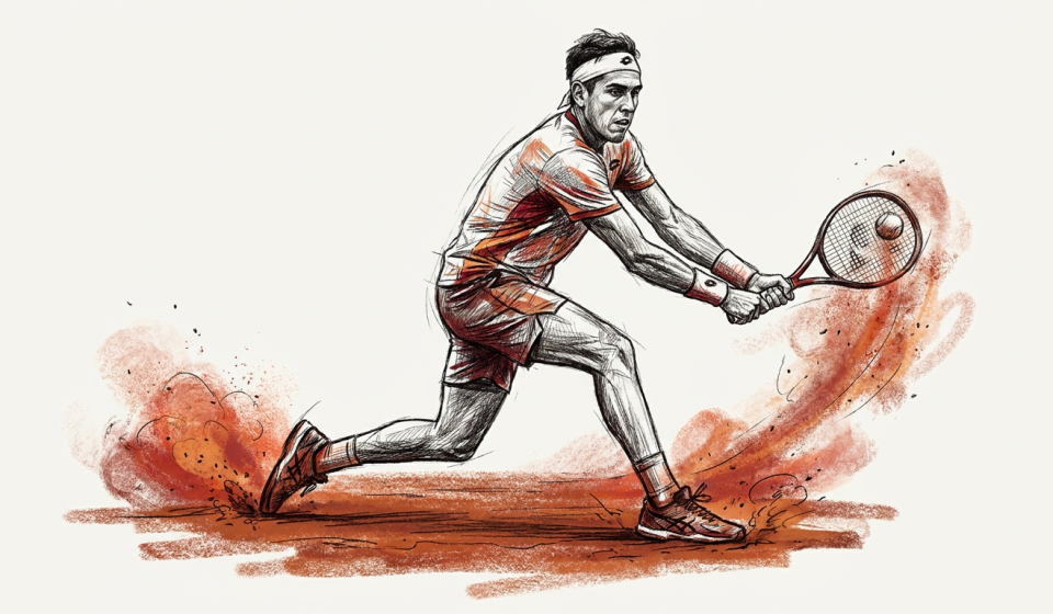 Tennis player in action on a clay court, swinging a racket and kicking up red dust as he reaches for the ball.