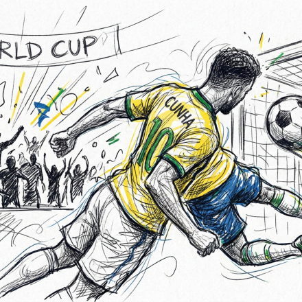 Illustration of a Brazil player in a yellow jersey kicking the ball toward the goal as a defender slides, with a cheering crowd and a World Cup banner in the background.