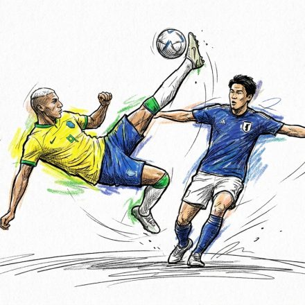 Sketch of two soccer players contesting the ball: a yellow-shirted player launches a high kick as a blue-shirted opponent reaches to block.