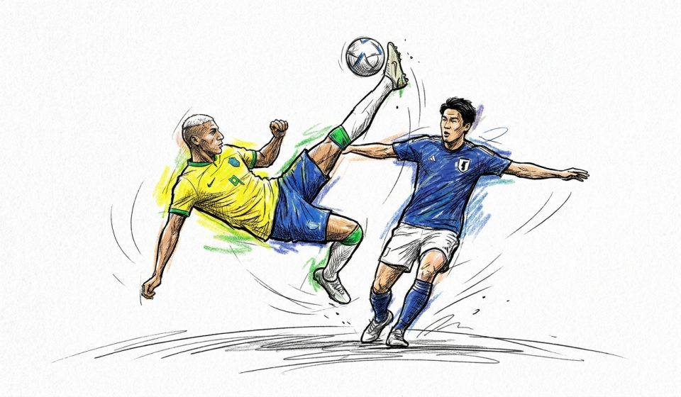 Sketch of two soccer players contesting the ball: a yellow-shirted player launches a high kick as a blue-shirted opponent reaches to block.
