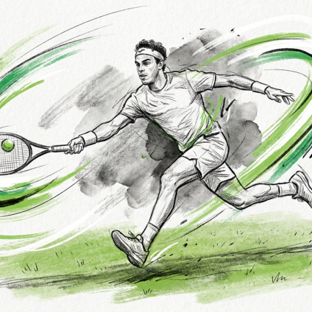Male tennis player in mid-stride lunges, racket outstretched to strike a ball, with green motion swirls behind him on a grassy court.