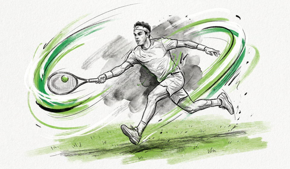 Male tennis player in mid-stride lunges, racket outstretched to strike a ball, with green motion swirls behind him on a grassy court.