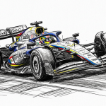 Sketch of a Formula-style race car in motion on a track, front wheels angled as it accelerates, detailed aerodynamic bodywork.