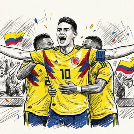 Illustration of Colombian soccer players in yellow jerseys embracing in celebration, with flags in the crowd.