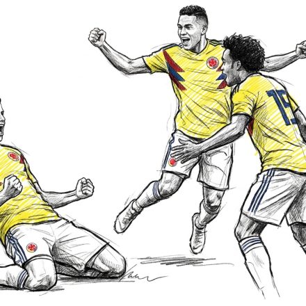 Sketch of three soccer players in yellow uniforms celebrating a goal, one sliding on the ground while the other two jump with fists raised.