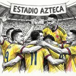 Colombian football players in yellow jerseys celebrate with arms around each other in a stadium; banner above reads ESTADIO AZTECA.