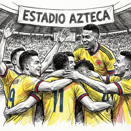 Colombian football players in yellow jerseys celebrate with arms around each other in a stadium; banner above reads ESTADIO AZTECA.