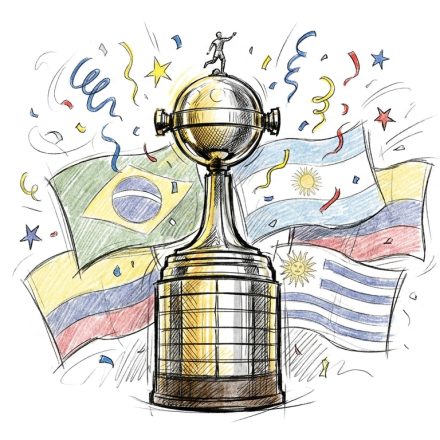 Gold trophy with a globe on top, surrounded by waving flags of Brazil, Argentina, and Uruguay and colorful confetti in a celebratory scene