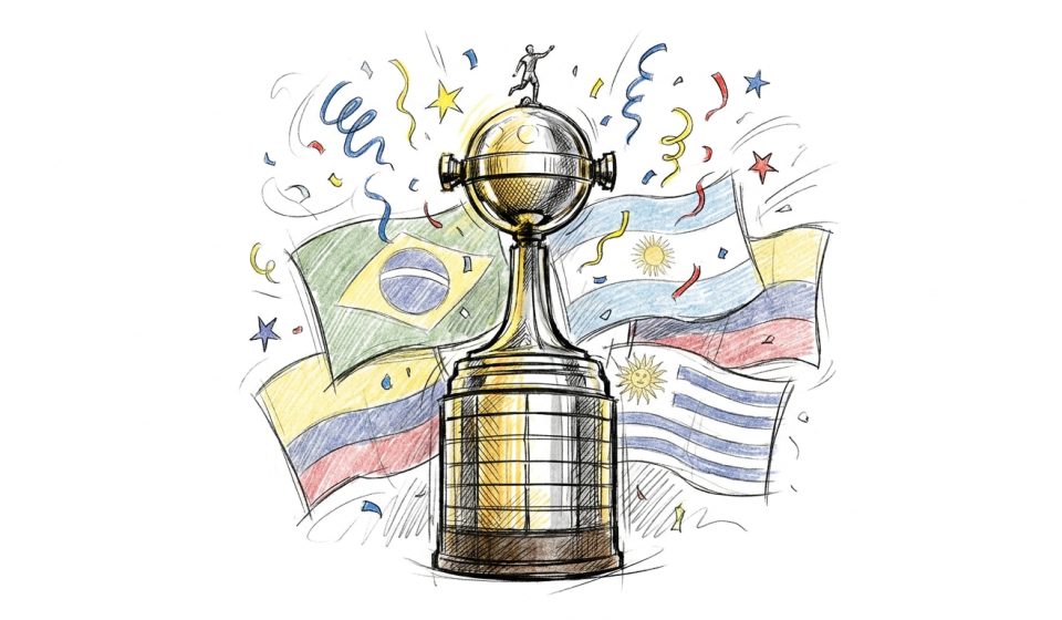 Gold trophy with a globe on top, surrounded by waving flags of Brazil, Argentina, and Uruguay and colorful confetti in a celebratory scene