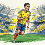 Colombian soccer player in a yellow jersey celebrates a goal with a fist pump in a packed stadium.