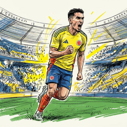 Colombian soccer player in a yellow jersey celebrates a goal with a fist pump in a packed stadium.
