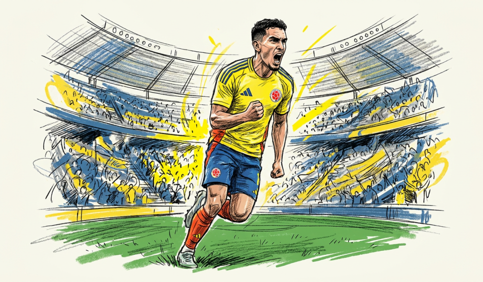 Colombian soccer player in a yellow jersey celebrates a goal with a fist pump in a packed stadium.