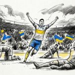 Soccer player in blue and yellow kit celebrates a goal with arms raised as teammates and a cheering crowd wave blue-yellow flags in a packed stadium.