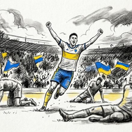 Soccer player in blue and yellow kit celebrates a goal with arms raised as teammates and a cheering crowd wave blue-yellow flags in a packed stadium.