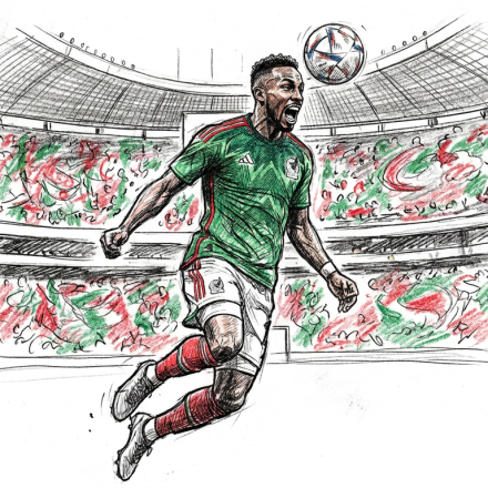 Soccer player in a green jersey celebrates a goal in a stadium, with a ball in the air and a cheering red-and-green crowd in the background.
