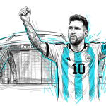 Illustration of Lionel Messi in Argentina jersey with number 10, arms raised in celebration beside a stadium backdrop.