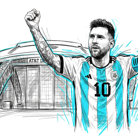 Illustration of Lionel Messi in Argentina jersey with number 10, arms raised in celebration beside a stadium backdrop.