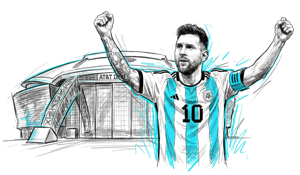 Illustration of Lionel Messi in Argentina jersey with number 10, arms raised in celebration beside a stadium backdrop.