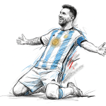 Sketch of a soccer player in Argentina national team jersey kneeling with arms outstretched in celebration.