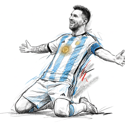 Sketch of a soccer player in Argentina national team jersey kneeling with arms outstretched in celebration.