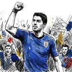 Stylized sketch of a male soccer player in a blue jersey raising a clenched fist in celebration as cheering fans surge behind him.
