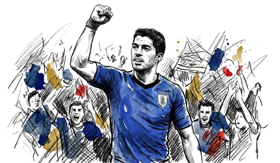 Stylized sketch of a male soccer player in a blue jersey raising a clenched fist in celebration as cheering fans surge behind him.