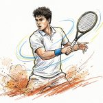 Male tennis player in a white polo swings his racket, clay dust spraying behind him in actionful illustration.