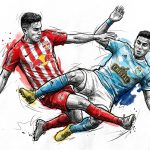 Illustration of two soccer players in red and blue kits colliding as they reach for the ball in mid-action.