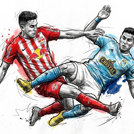 Illustration of two soccer players in red and blue kits colliding as they reach for the ball in mid-action.