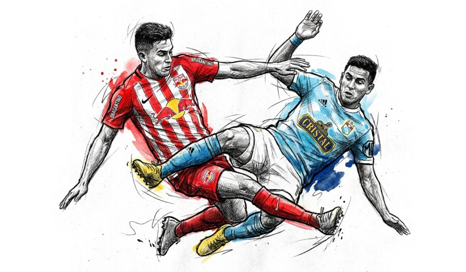 Illustration of two soccer players in red and blue kits colliding as they reach for the ball in mid-action.