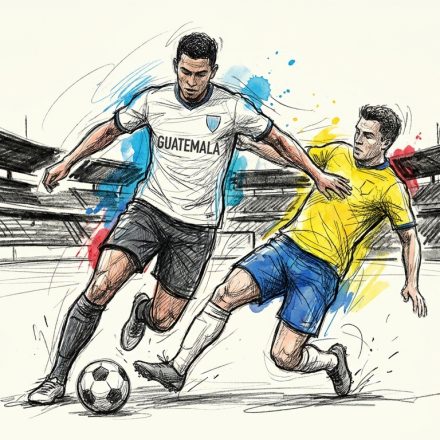 Two soccer players clash for the ball on a stadium pitch: a white-jersey Guatemala player challenges a yellow Brazil player amid colorful sketch lines.