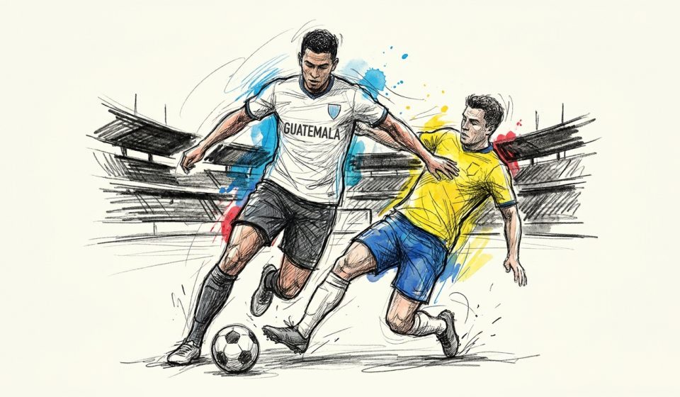 Two soccer players clash for the ball on a stadium pitch: a white-jersey Guatemala player challenges a yellow Brazil player amid colorful sketch lines.