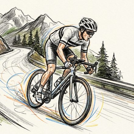 Cyclist wearing helmet and sunglasses riding a road bike on a winding mountain road with trees and mountains in the background.