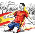 Spanish soccer player in a red jersey kneels, arms outstretched in celebration as fans wave the Spain flag behind him.