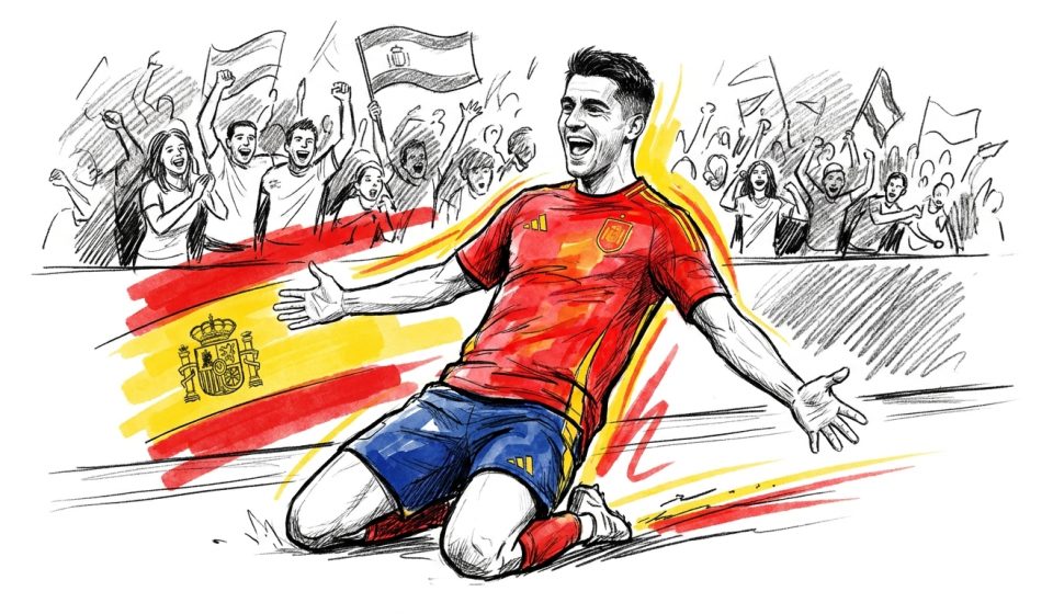 Spanish soccer player in a red jersey kneels, arms outstretched in celebration as fans wave the Spain flag behind him.