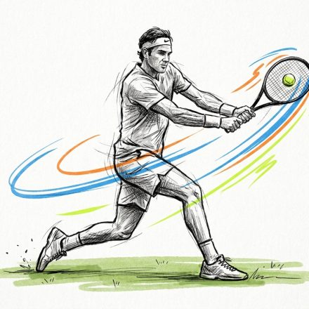 Sketch of a male tennis player in mid-swing, hitting a ball with a racket, with colorful speed trails around him.
