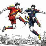 Two soccer players in red and blue kits leap for the ball in a crowded stadium action scene.