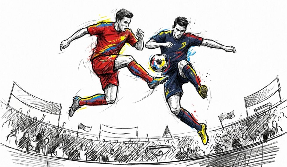 Two soccer players in red and blue kits leap for the ball in a crowded stadium action scene.