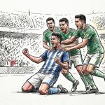 Soccer players celebrate a goal: blue-striped player kneels while three green-kit teammates surround him in a crowded stadium.