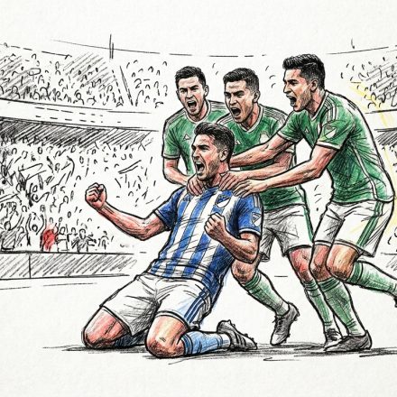 Soccer players celebrate a goal: blue-striped player kneels while three green-kit teammates surround him in a crowded stadium.