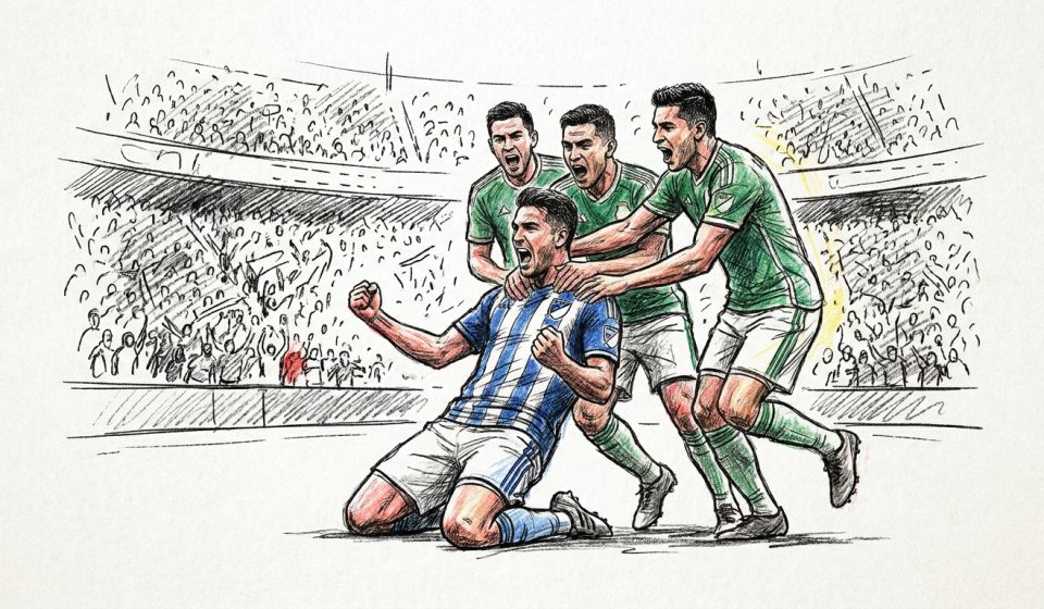 Soccer players celebrate a goal: blue-striped player kneels while three green-kit teammates surround him in a crowded stadium.