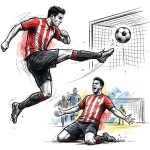 Soccer player in red-and-white stripes leaps mid-air and kicks the ball toward the goal.