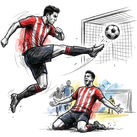 Soccer player in red-and-white stripes leaps mid-air and kicks the ball toward the goal.