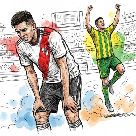 Soccer scene: a tired player in a white jersey with a red sash crouches, while a rival in green-yellow celebrates with raised arms in a stadium.