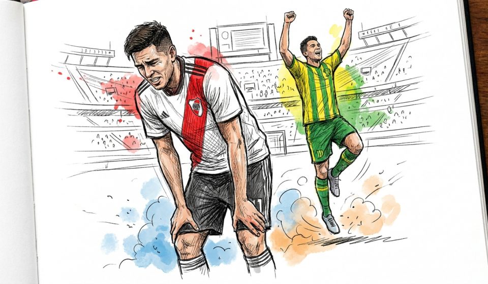 Soccer scene: a tired player in a white jersey with a red sash crouches, while a rival in green-yellow celebrates with raised arms in a stadium.