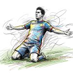 Illustration of a soccer player kneeling on grass with arms outstretched in a celebratory pose.